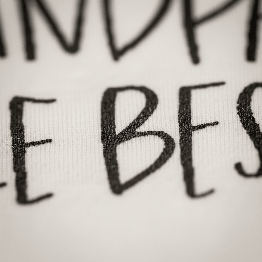Close-up of black, handwritten-style text on soft white fabric, featuring the word BEST in bold capital letters. The rest of the wording peeks above and below, suggesting a heartfelt message like “Grandpa’s Little Bestie.” This Toodleroos Grandpa’s Little Bestie Baby Onesie – Handwritten Grandpa Bodysuit makes a perfect baby shower gift from Grandpa.