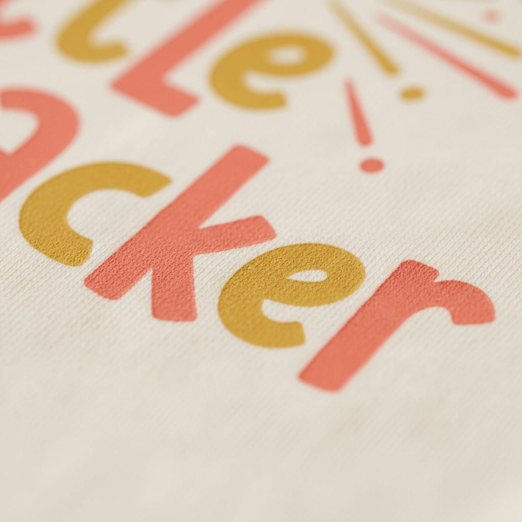 A close-up of the cream-colored, textured fabric shows the bold “racker” lettering—yellow for the “r” and “e,” coral red for the “c,” “k,” and final “r.” This playful detail is from our Toodleroos Little Firecracker 4th of July Toddler Shirt – Firework Tee, a perfect patriotic toddler shirt for celebrating Independence Day.
