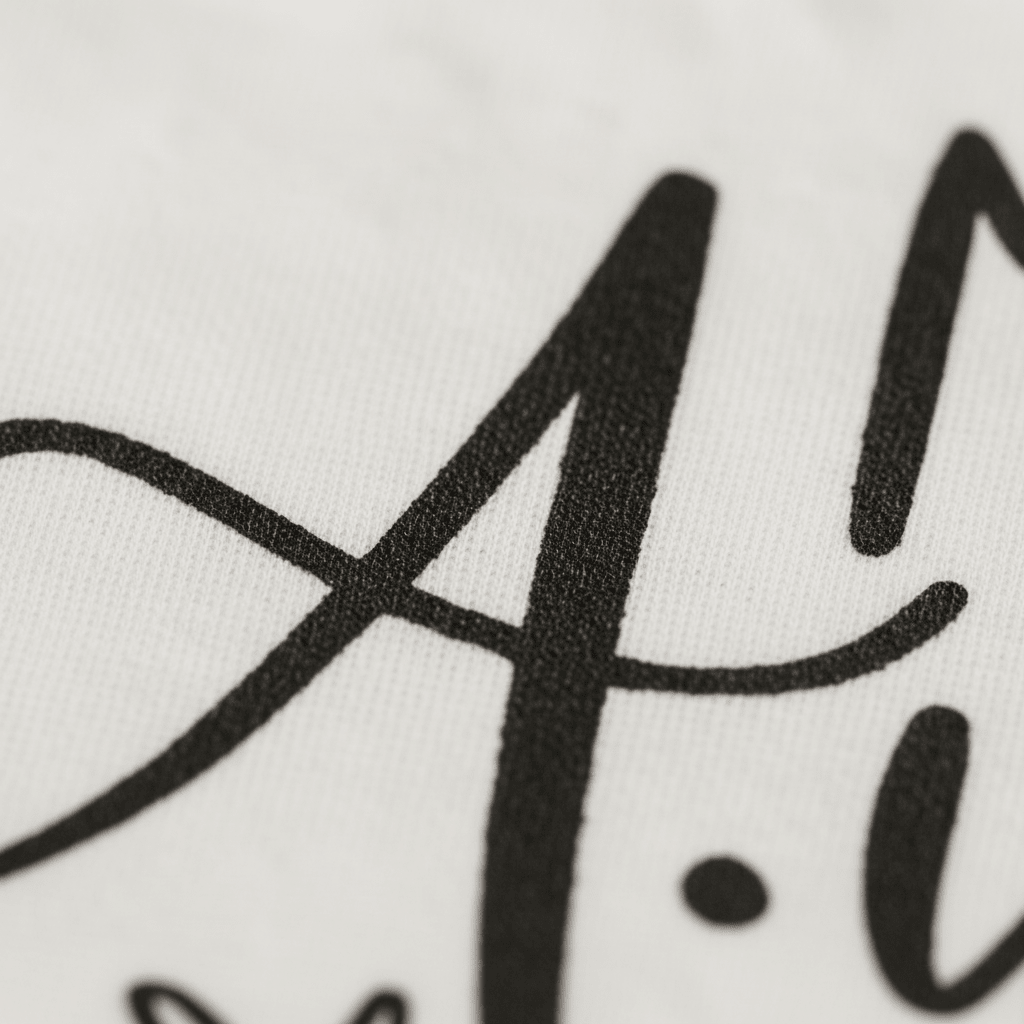 Close-up of black script lettering on white fabric, highlighting part of the letter A and a dot, with a soft texture and subtle weave—ideal for the playful “My Aunt Is a Bad Influence Baby Onesie – Script Aunt Bodysuit” by Toodleroos. This Gerber bodysuit is an adorable baby shower gift, blending comfort with whimsical design details.