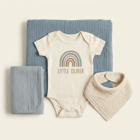 The Toodleroos Personalized Baby Gift Box – Boho Rainbow Custom Name Baby Shower Gift features a cream infant onesie adorned with a boho rainbow and Little Oliver text, displayed alongside a blue blanket, a blue cloth, and a cream bib. All items are neatly arranged on a light background—an ideal choice for a custom name baby shower gift or as part of a personalized baby gift box.