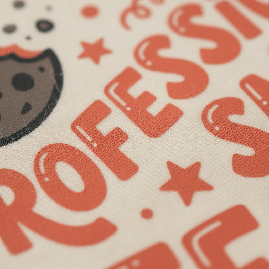 Close-up of red text on a cream background reading PROFESSIONAL beside a cartoon bitten cookie with stars and dots—a playful design ideal for the Professional Snack Stealer Toddler Shirt – Funny Cookie Tee by Toodleroos.