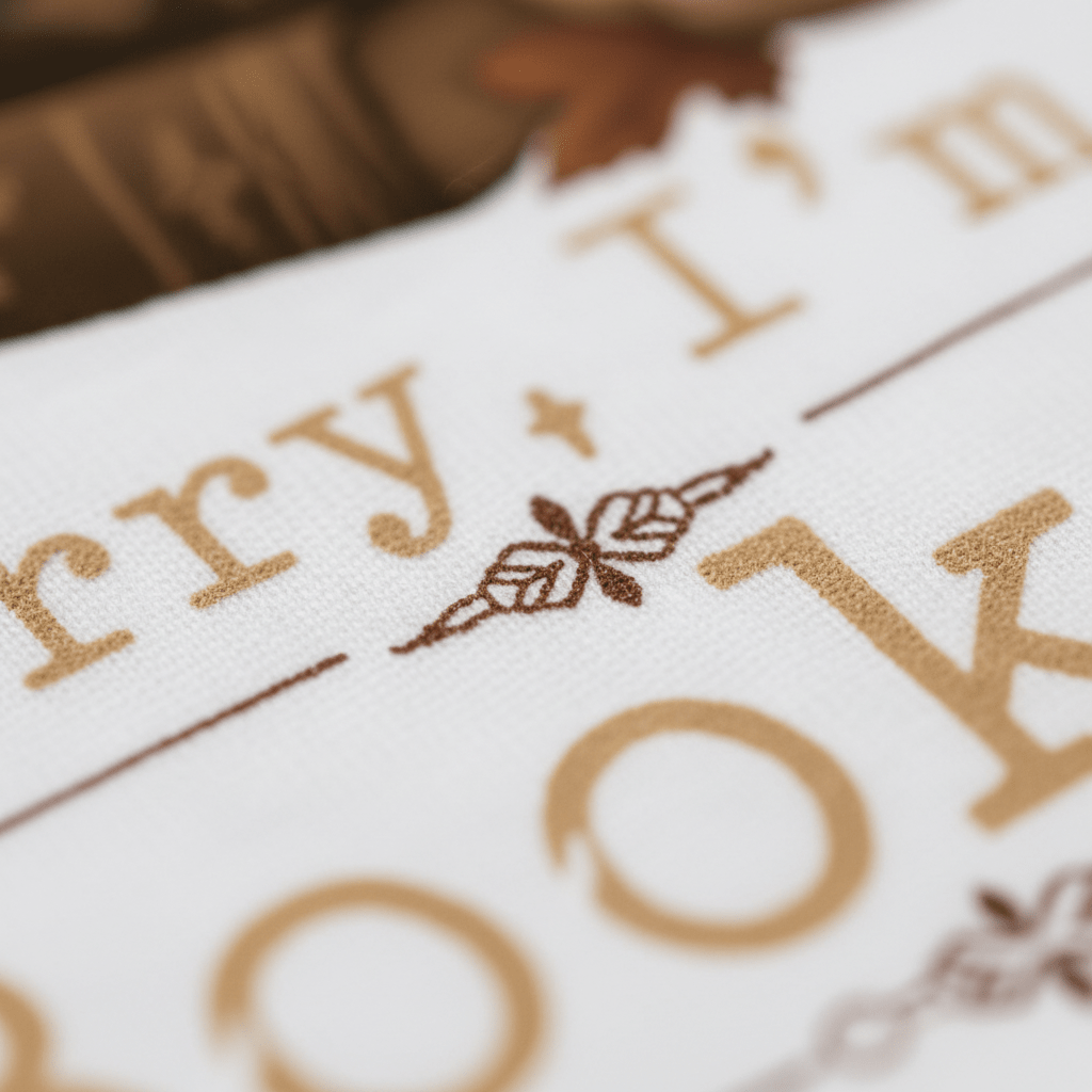 Close-up of fabric with brown and gold text and decorative accents, partially showing the words Sorry I’m Booked—perfect for a cozy fall toddler shirt or an adorable Halloween tee from Toodleroos.