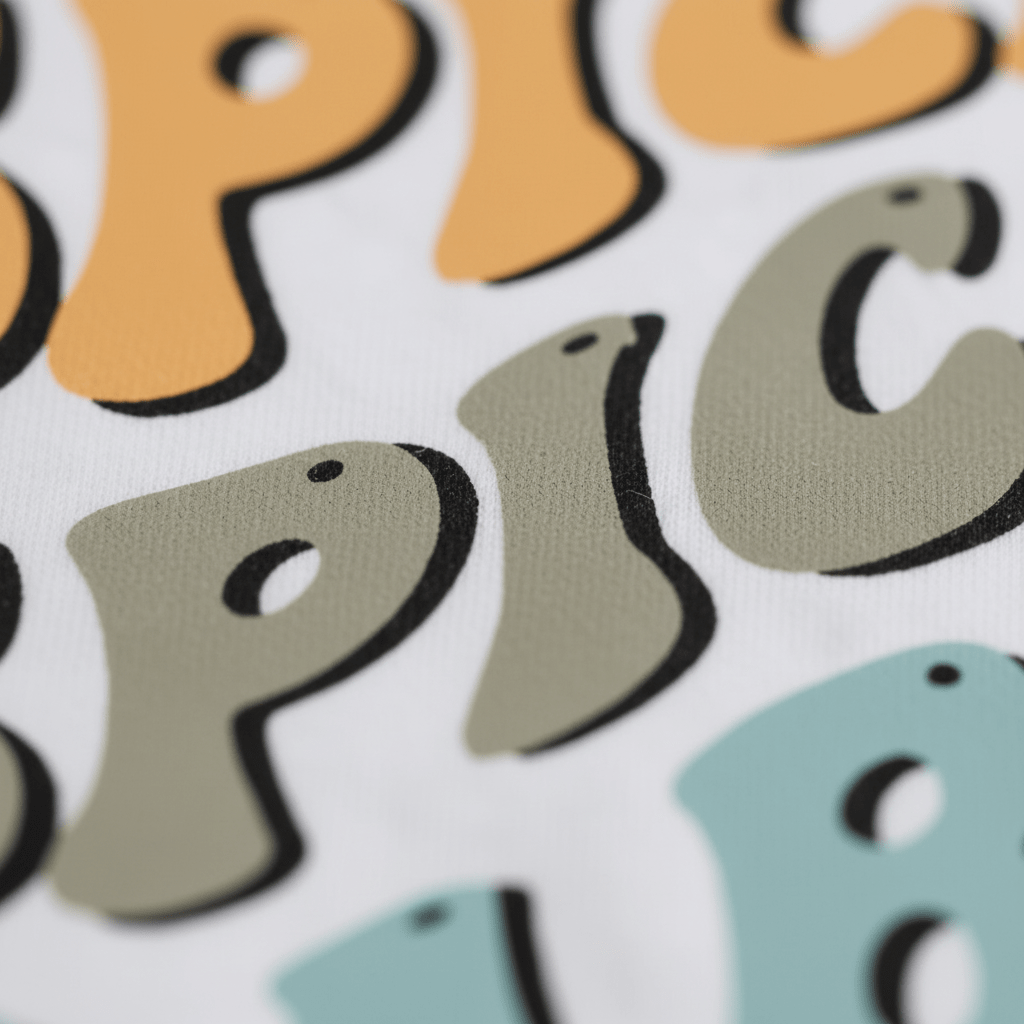 A close-up of vibrant, retro-inspired orange, green, and blue letters pops against a white background, playfully spelling “spicy”—a charming detail that makes the Toodleroos Spice Spice Baby Onesie – Retro Fall Bodysuit the perfect pick for a cozy autumn baby outfit.