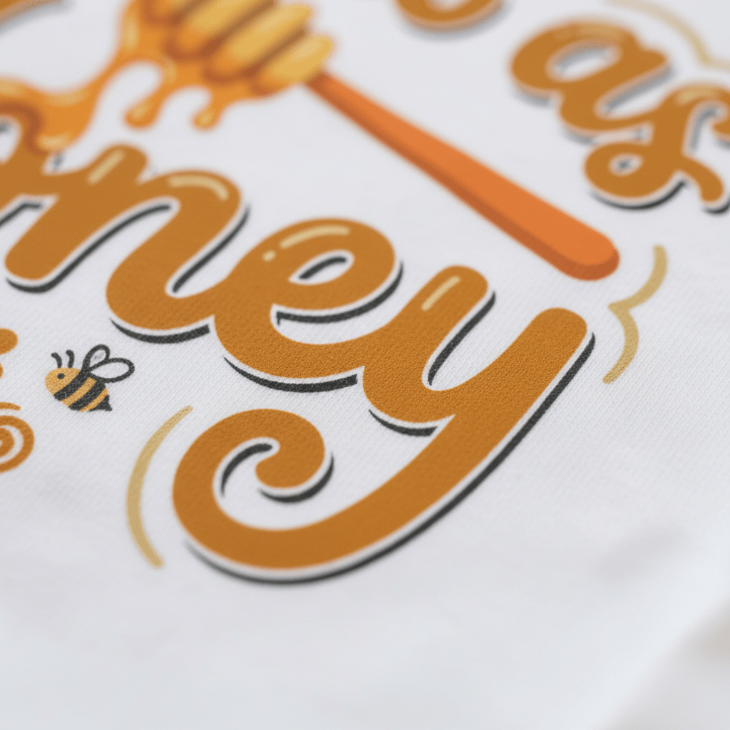 Close-up of the “Sweet as Honey” amber script on a white fabric background, featuring a honey dipper and a small bee illustration, from the Toodleroos Sweet as Honey Amber Onesie – a unisex bee bodysuit perfect for any baby.