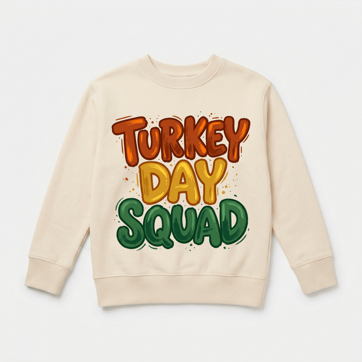 Dress your little one in cozy holiday style with the Toodleroos Turkey Day Squad Thanksgiving Toddler Sweatshirt—a cream-colored sweatshirt featuring “Turkey Day Squad” boldly printed in orange, yellow, and green letters on the front, perfect for festive celebrations.