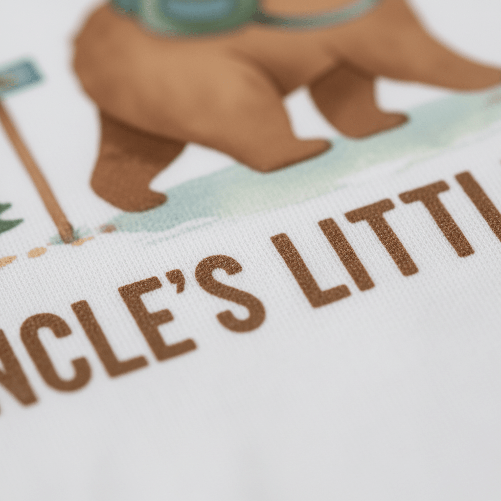 Close-up of the fabric from the Toodleroos Uncle’s Little Sidekick Toddler Shirt – Hiking Bear Tee, featuring brown text that reads “UNCLE’S LITTLE” and a partial illustration of a bear’s legs with a green backpack on a white background—perfect for an uncle toddler shirt or hiking bear toddler tee.