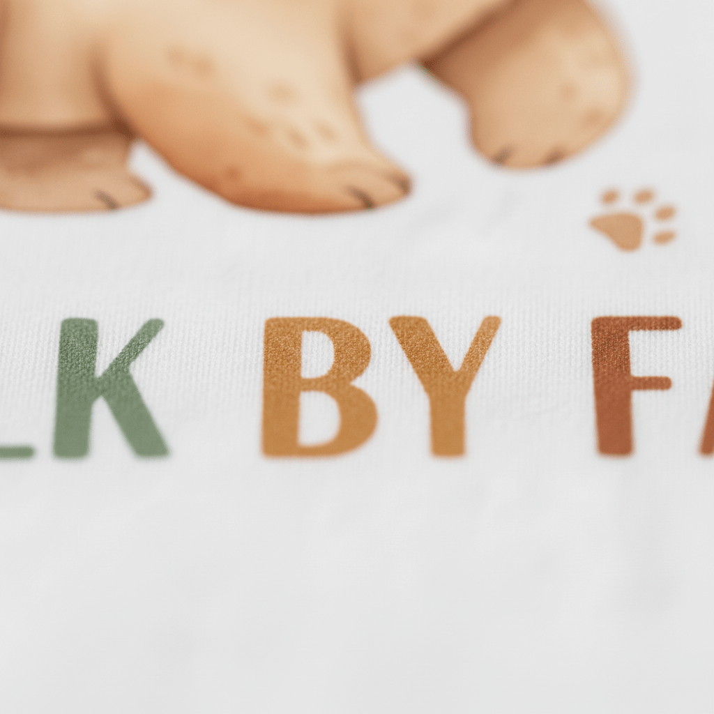 Close-up of text on fabric that reads “BY FA” in orange and brown letters, with part of a bear illustration and a small paw print visible above the text—a charming detail often featured on the Toodleroos Walk by Faith Baby Onesie – Christian Bear Design, making it an ideal Christian baby onesie or thoughtful baptism gift.