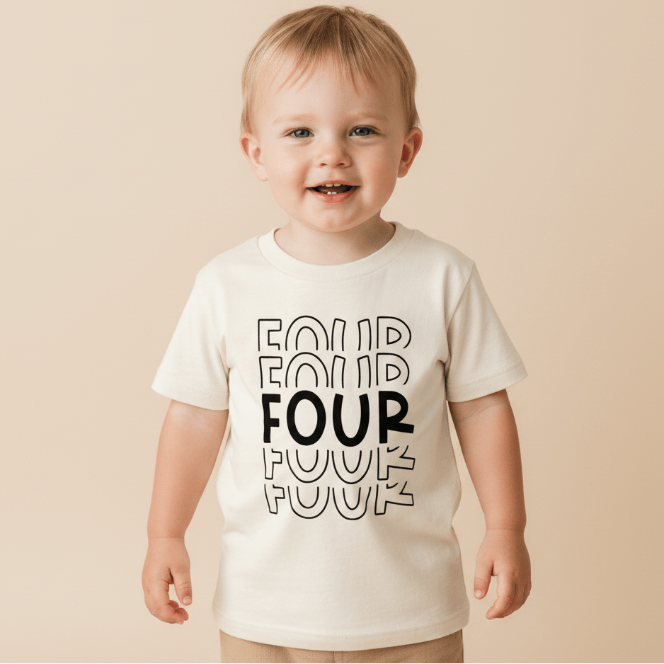 A smiling young child wears the Toodleroos 4th Birthday Kids Shirt—a cream tee with “FOUR” printed four times in bold, outlined letters—standing against a beige background for a perfect gender-neutral birthday outfit.