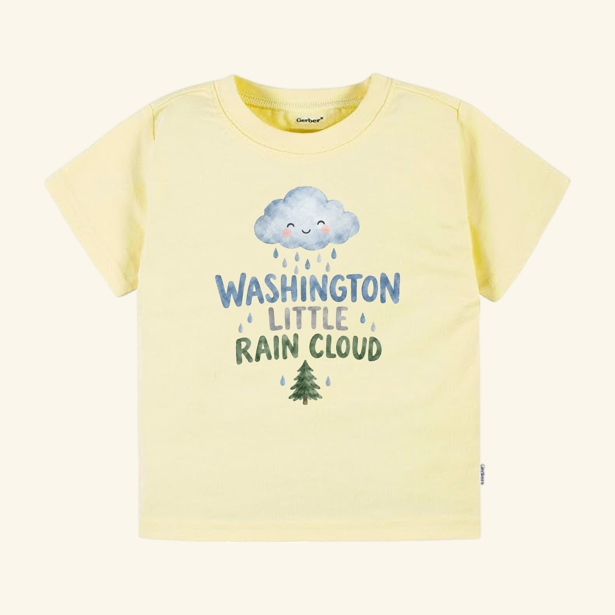 Pale yellow Washington Toddler Shirt – Little Rain Cloud Pacific Northwest Tee featuring a smiling rain cloud, falling raindrops, an evergreen tree, and the text WASHINGTON LITTLE RAIN CLOUD.