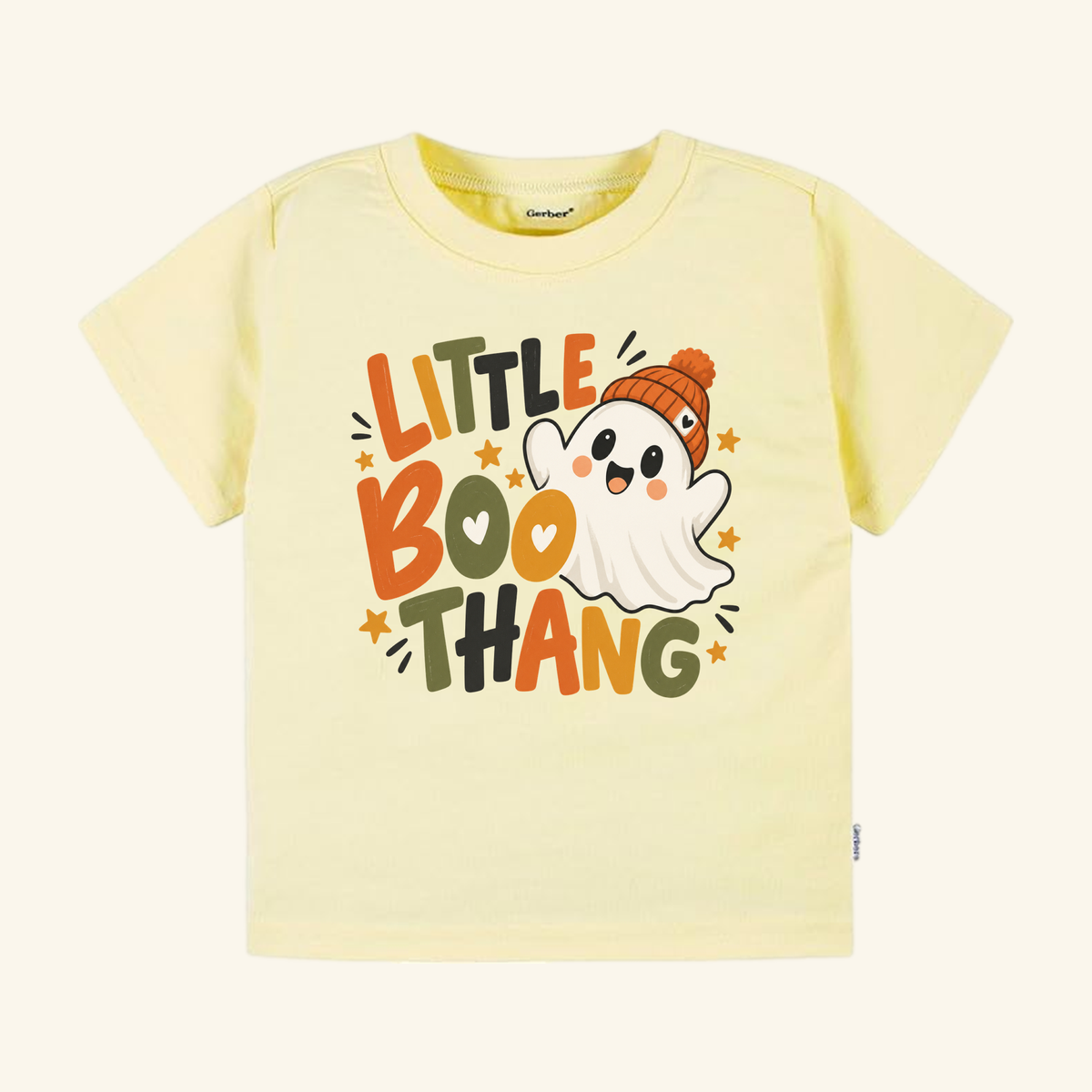 Light yellow Little Boo Thang Ghost Toddler Halloween Shirt – Cute Ghost Tee featuring a cartoon ghost wearing an orange beanie.