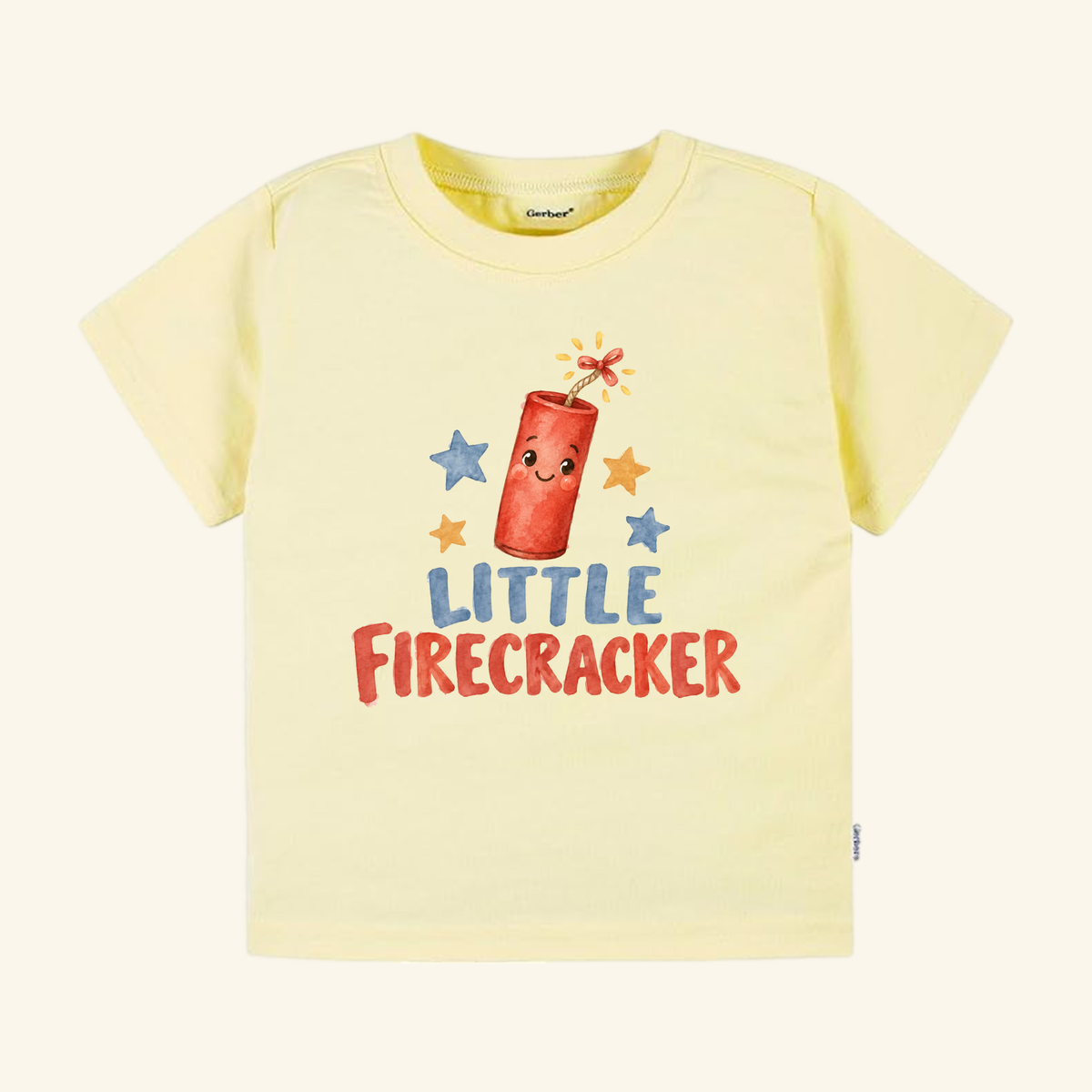 Little Firecracker Toddler Shirt – Cute Smiling Firecracker Tee in pale yellow, featuring a smiling red firecracker surrounded by small stars and the text LITTLE FIRECRACKER.