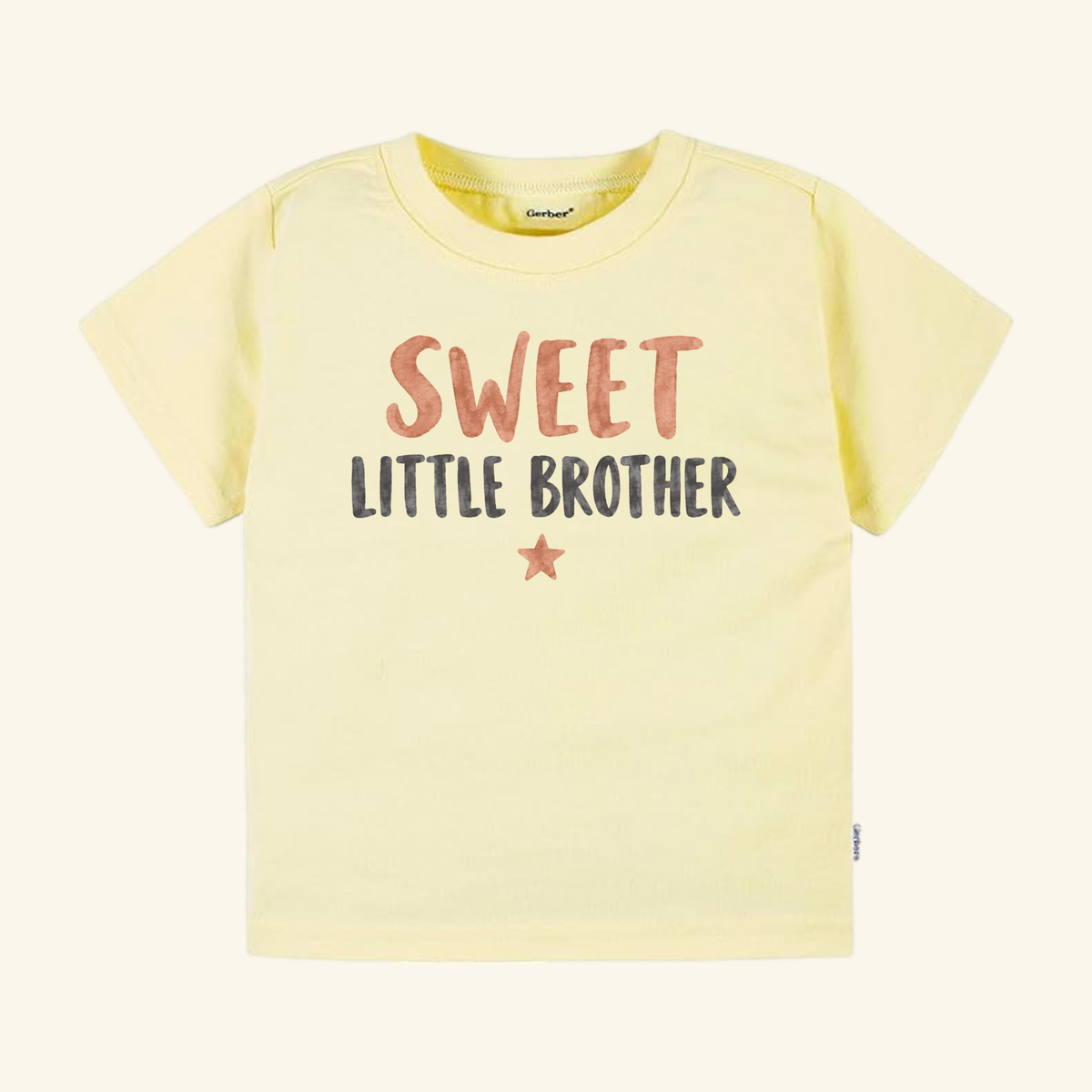 Pale yellow short-sleeved Sweet Little Brother Toddler Shirt – Watercolor Star Sibling Tee with SWEET LITTLE BROTHER and a small star printed on the chest.