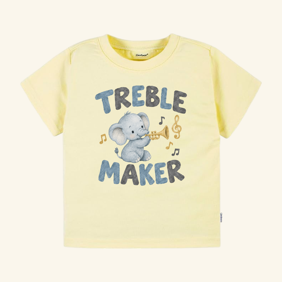 Pale yellow Treble Maker Toddler Shirt – Funny Elephant Trumpet Music Tee featuring a cartoon elephant playing a trumpet, with musical notes and the text TREBLE MAKER.
