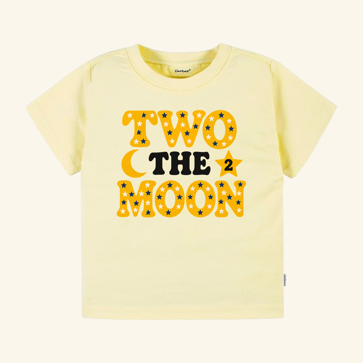 Light yellow Toodleroos 2nd Birthday Toddler Shirt – Two the Moon Celestial Tee with yellow letters, blue and white stars, a crescent moon, and the number 2 for a celestial birthday.