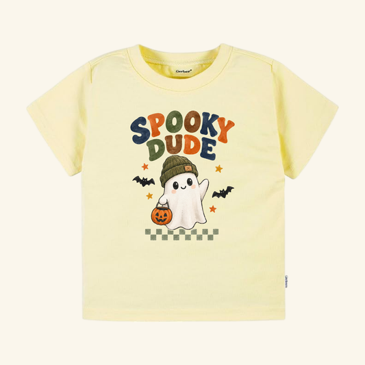 Light yellow Spooky Dude Ghost Toddler Halloween Shirt – Short-Sleeve Tee featuring a friendly ghost wearing a beanie and holding a jack-o-lantern, with the text SPOOKY DUDE above.