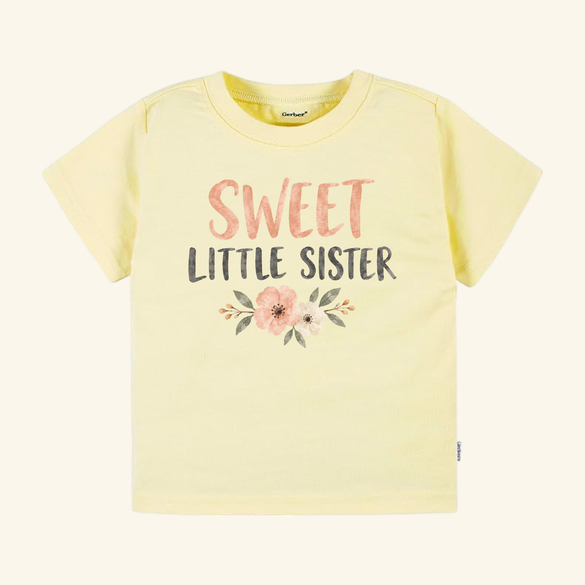Pale yellow Sweet Little Sister Toddler Shirt – Floral Sibling Tee featuring the text SWEET LITTLE SISTER above a floral graphic.