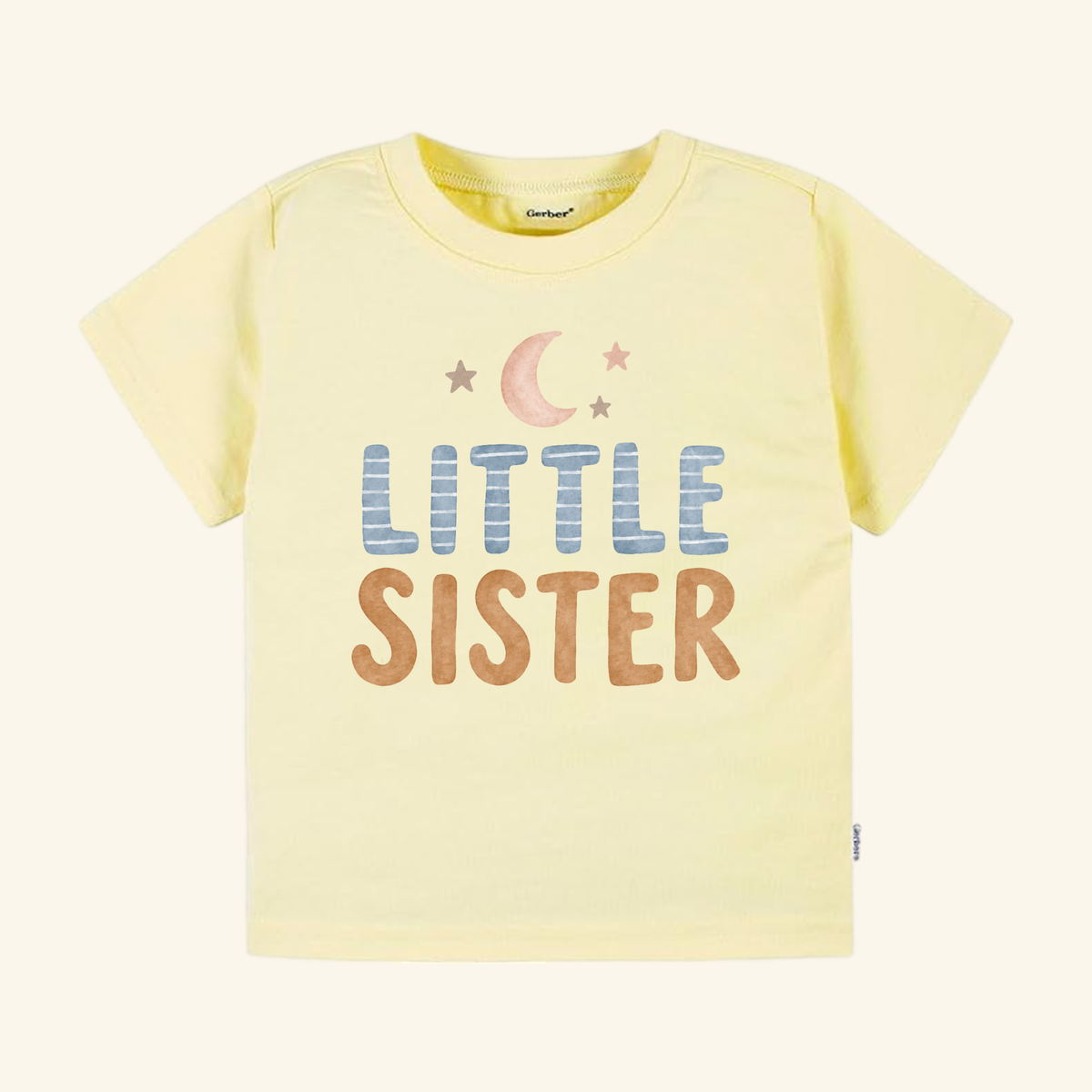 Pale yellow Little Sister Toddler Shirt – Moon and Stars Sibling Tee featuring a moon and star graphic above the text LITTLE SISTER.