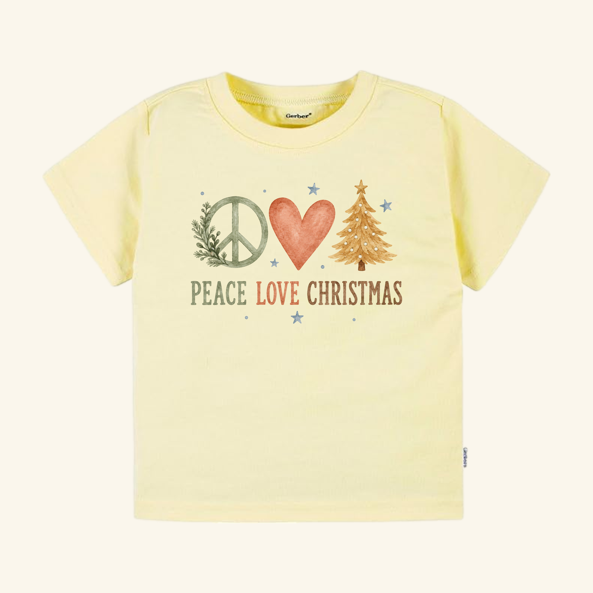 Light yellow Peace Love Christmas Toddler Shirt – Boho Christmas Tree Tee featuring a watercolor graphic of a peace sign with greenery, a heart, and a tree, with the text PEACE LOVE CHRISTMAS below.