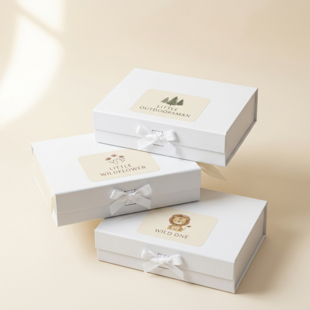 Three white gift boxes with white ribbons, each labeled: LITTLE OUTDOORSMAN with trees, LITTLE WILDFLOWER with flowers, and WILD ONE with a lion illustration, arranged on a beige background.