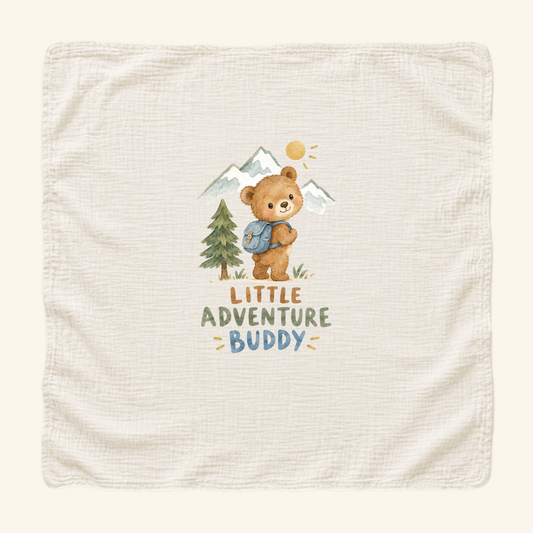 Little Adventure Buddy Baby Blanket – Cute Hiking Bear Muslin Blanket