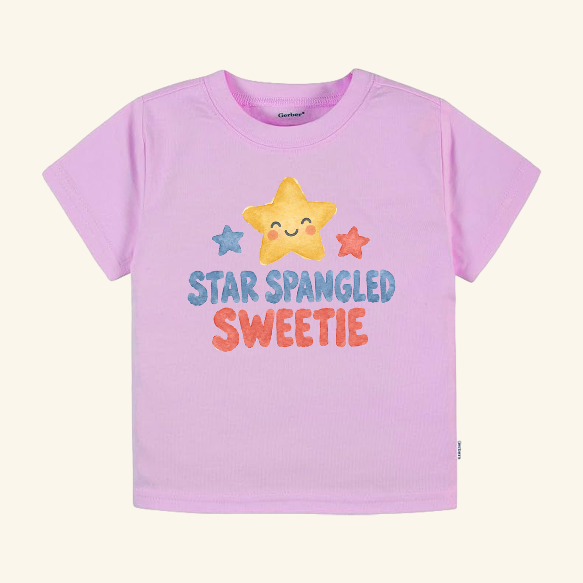 Light pink Star Spangled Sweetie Toddler Shirt featuring a watercolor graphic of a smiling yellow star between a small blue star and a small red star, with the text STAR SPANGLED SWEETIE underneath.