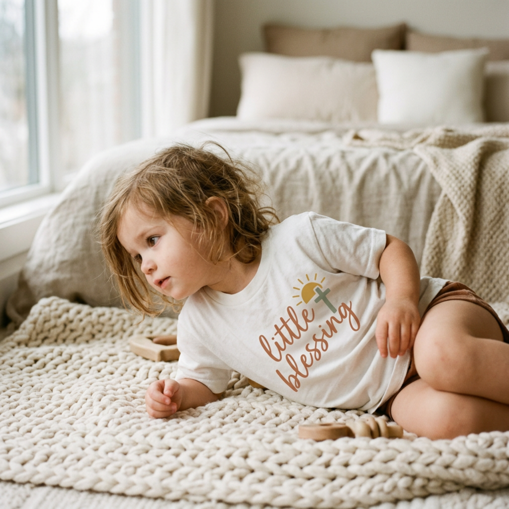 A toddler with messy hair lies on a thick, cream-colored knit blanket. They wear a white t-shirt featuring a gold sun, a small green cross, and the text little blessing in brown script. The background shows a cozy bedroom with a neutral bed.