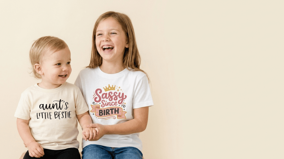 Two young children sit and smile, holding hands. The older child wears a Sassy Since Birth shirt, and the younger child wears a shirt reading aunts little bestie. The background is light beige.