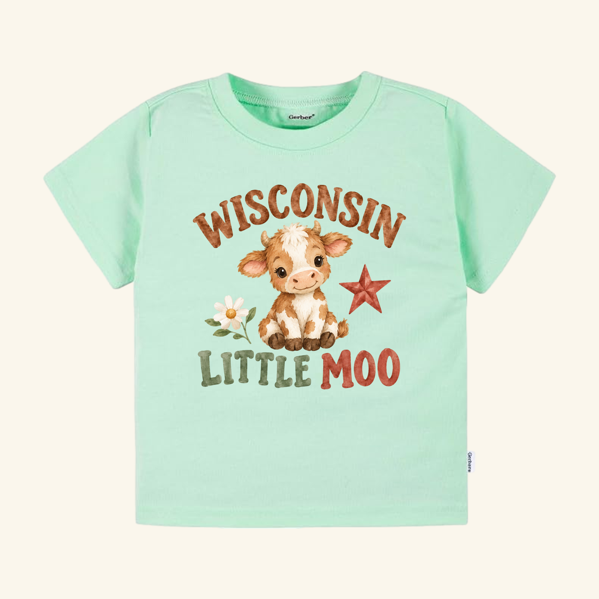 Mint green Wisconsin Toddler Shirt – Little Moo Baby Cow Tee featuring a graphic of a calf, a flower, and a star with the text Wisconsin Little Moo.