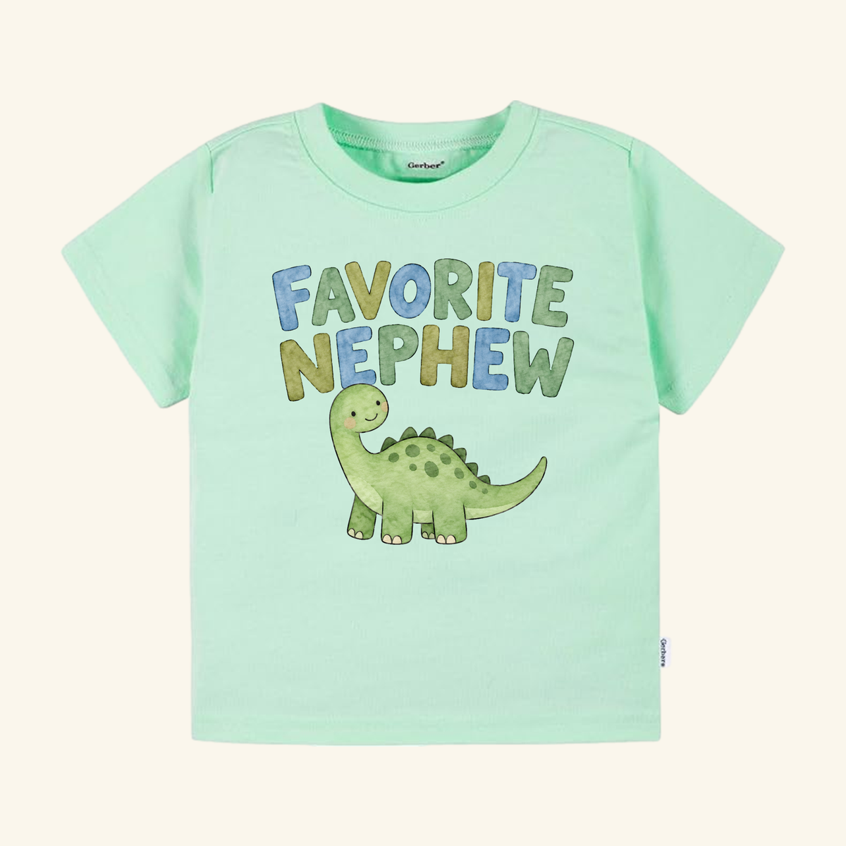 Favorite Nephew Toddler Shirt – Cute Dinosaur Aunt & Uncle Gift Tee featuring a light green toddler t-shirt with a green dinosaur and the text FAVORITE NEPHEW in colorful letters.