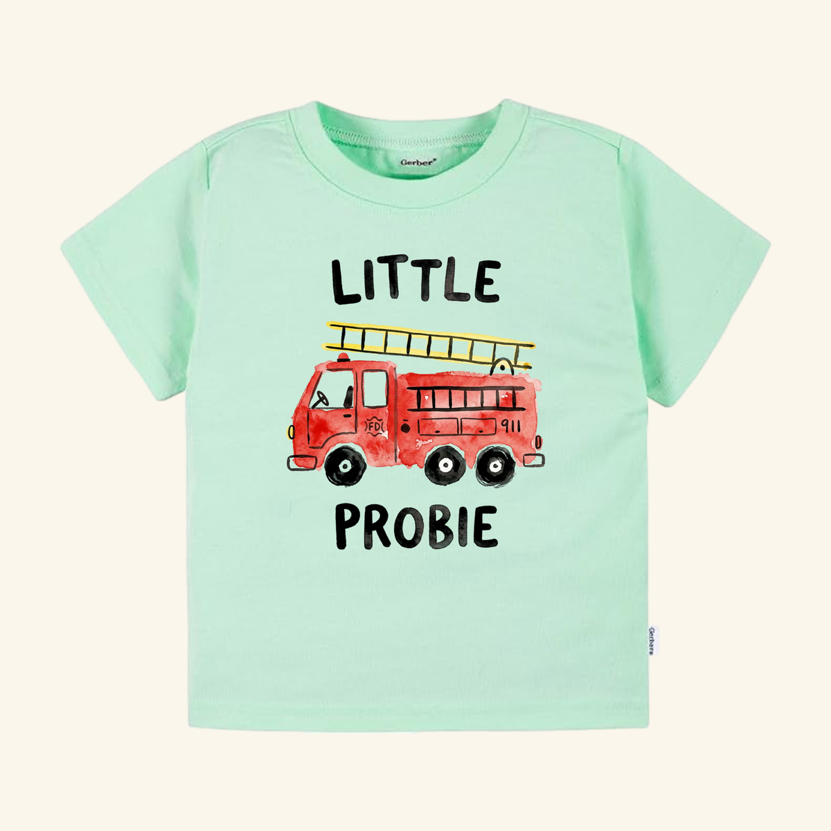 Mint green Little Probie Toddler Shirt – Firefighter Fire Truck Tee featuring a watercolor-style red fire truck illustration and the text LITTLE PROBIE.