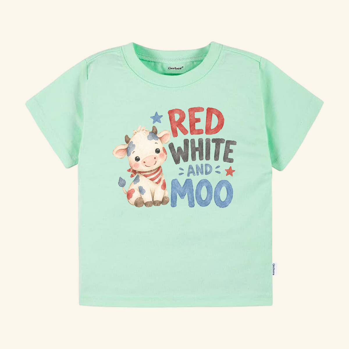 Light green Red White and Moo Toddler Shirt featuring a cartoon cow wearing a patriotic scarf and the text Red White and Moo.
