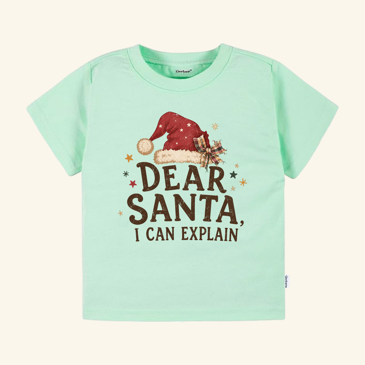 Mint green Dear Santa, I Can Explain Toddler Shirt – Funny Christmas Santa Hat Tee featuring a Santa hat and the text Dear Santa, I can explain.