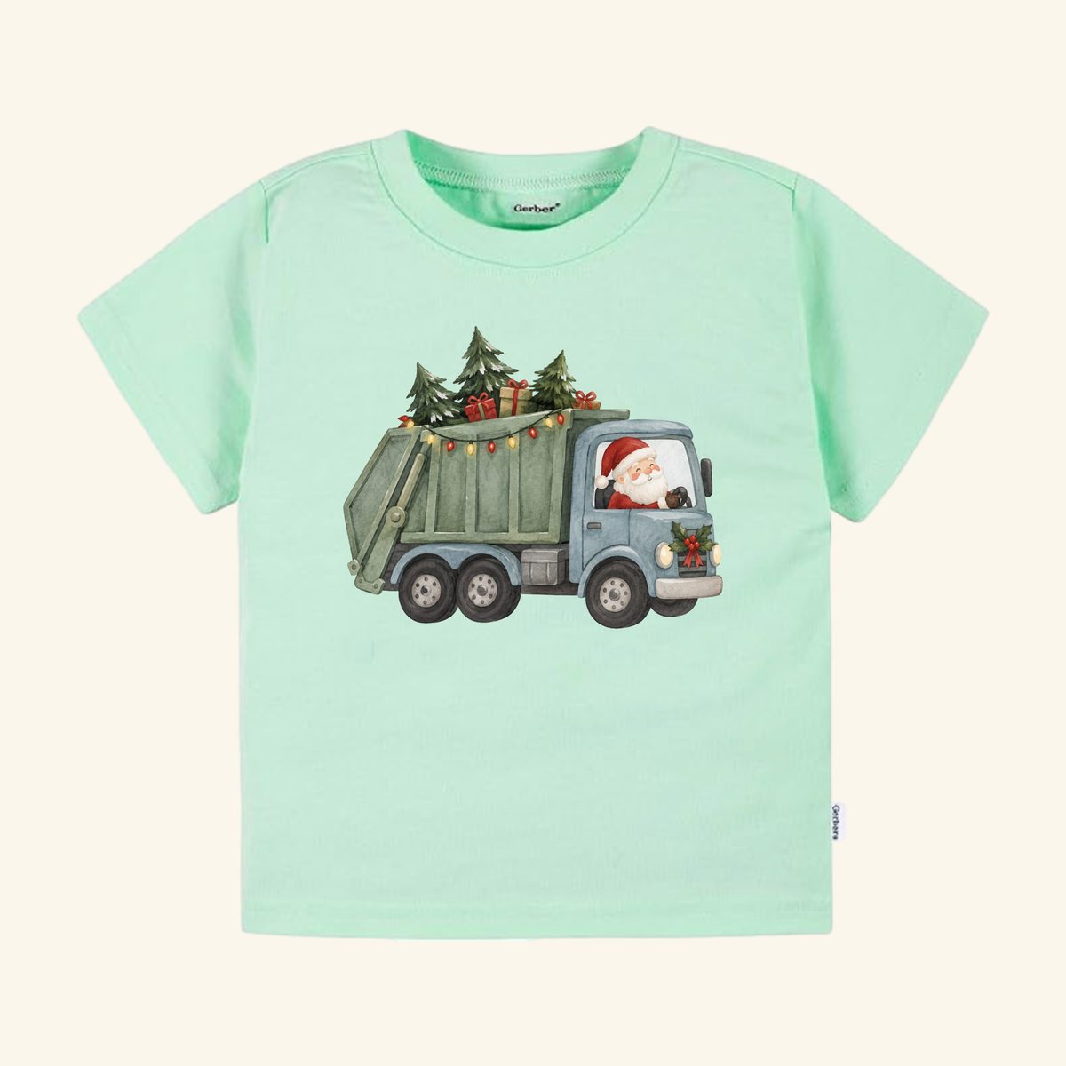 Light green Toodleroos Santa Garbage Truck Toddler Shirt featuring a Santa garbage truck decorated with Christmas lights, pine trees, and gifts.