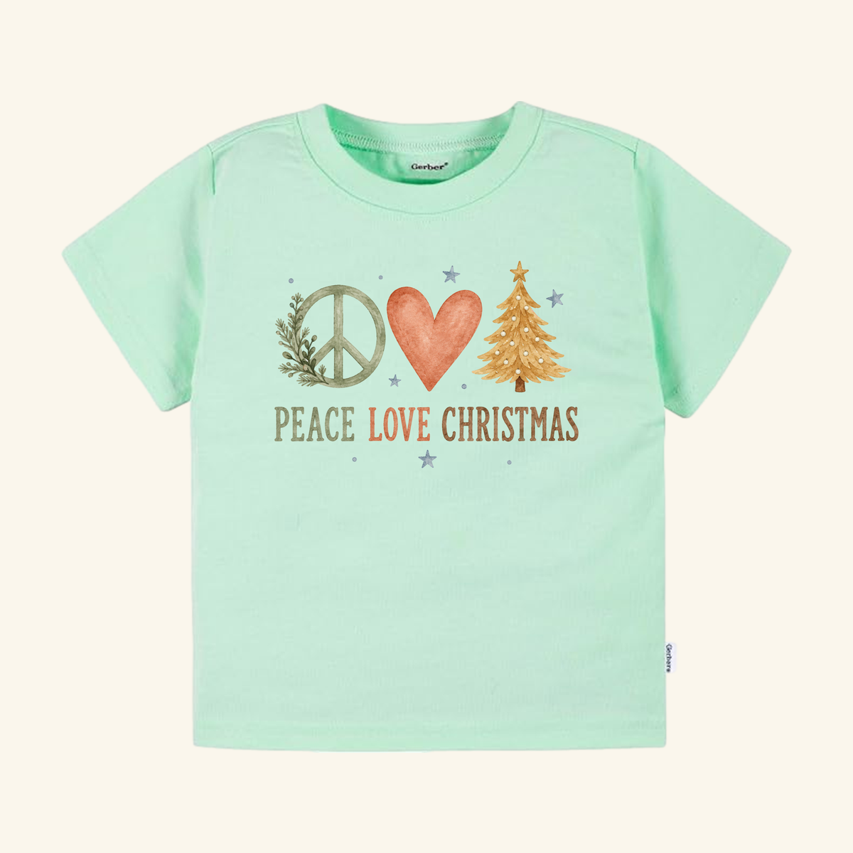 Light green Peace Love Christmas Toddler Shirt – Boho Christmas Tree Tee featuring a watercolor-style peace sign, heart, and Christmas tree above the text PEACE LOVE CHRISTMAS accented with small stars.