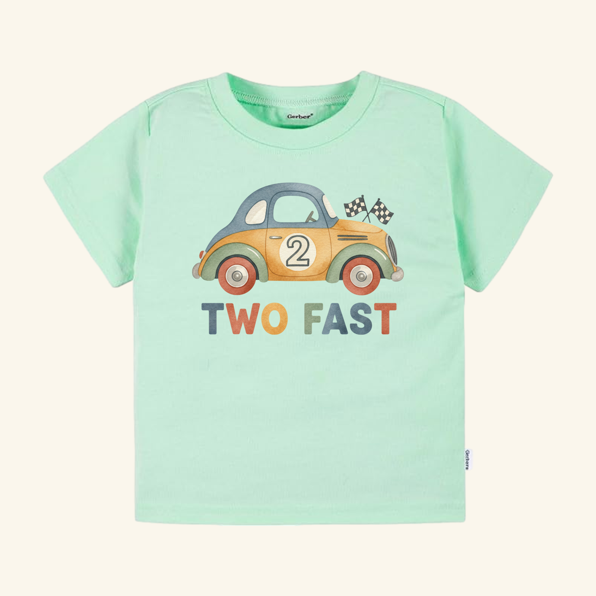 Mint green Two Fast 2nd Birthday Toddler Shirt – Retro Car Short-Sleeve Tee featuring a vintage car graphic with the number 2, two checkered flags, and the text TWO FAST.