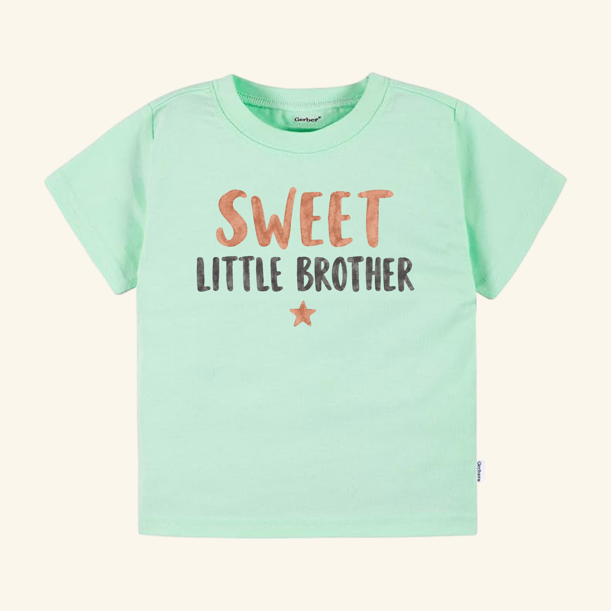 Mint green Sweet Little Brother Toddler Shirt – Watercolor Star Sibling Tee featuring a small star graphic and the text SWEET LITTLE BROTHER.