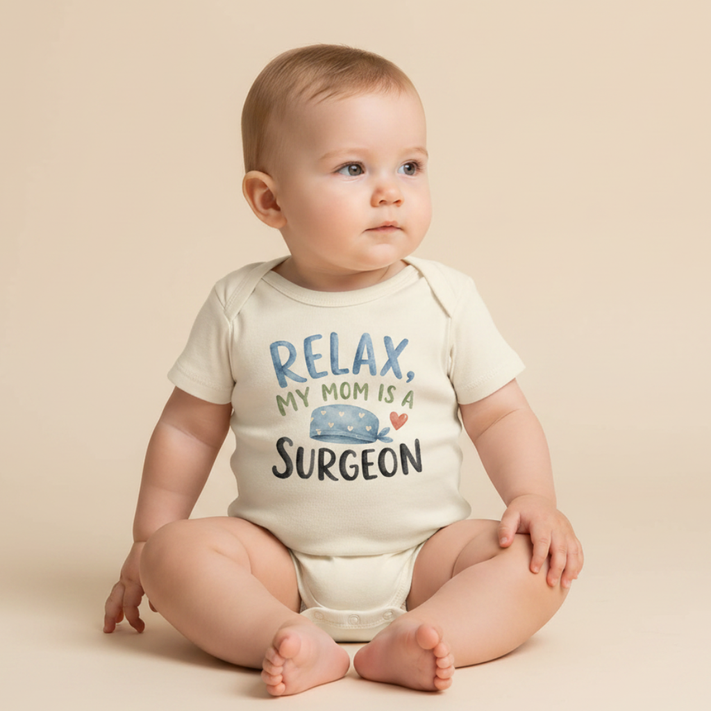 A baby sits on a beige background, wearing the Toodleroos Surgeon Mom Baby Onesie – My Mom Is a Surgeon Short-Sleeve Bodysuit in cream, featuring the phrase “RELAX, MY MOM IS A SURGEON” above a blue whale and a small red heart.
