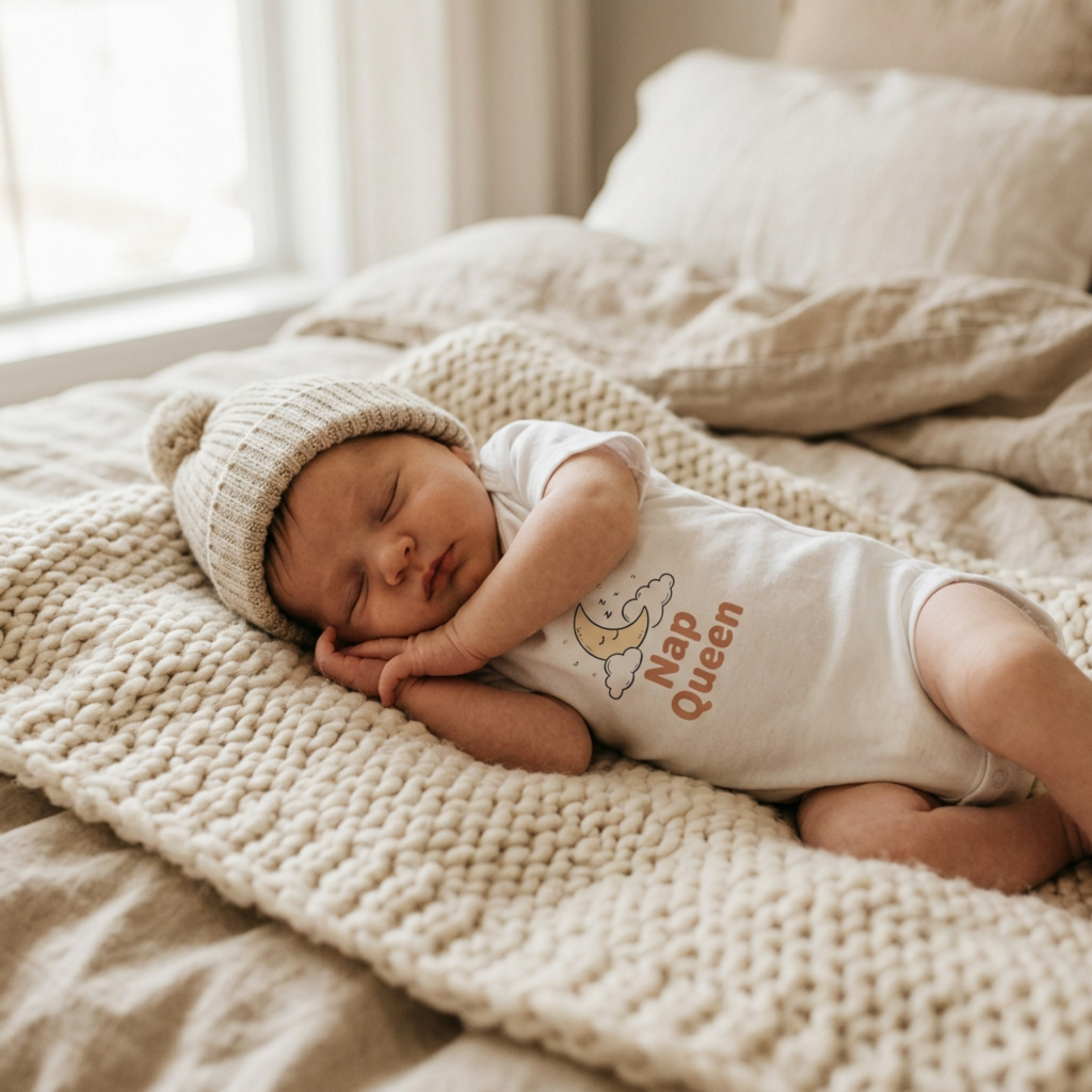 A newborn baby wearing a knit hat and a Nap Queen onesie sleeps on a textured cream blanket on a cozy bed near a sunlit window.
