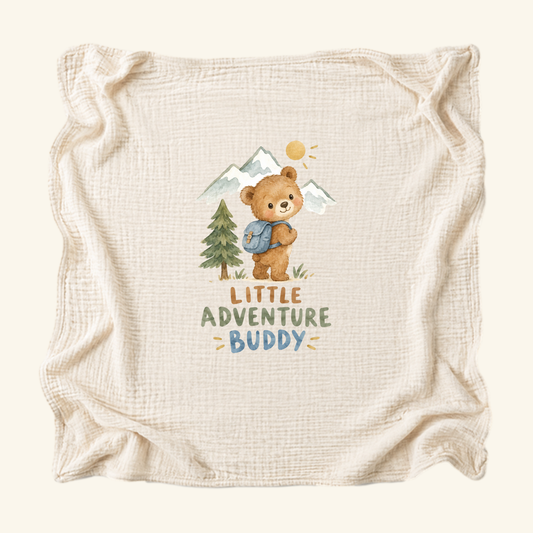 Little Adventure Buddy Baby Blanket – Cute Hiking Bear Muslin Blanket