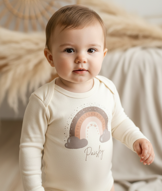 Custom Boho Rainbow Newborn Onesie – Personalized Name Bodysuit