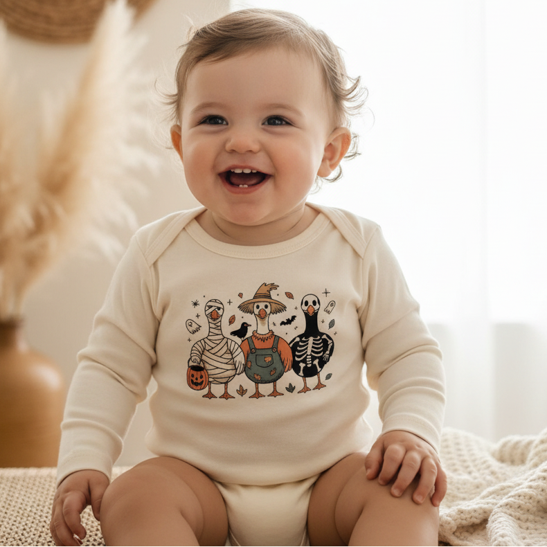 Halloween Goose Trio Baby Onesie – Costumed Goose Bodysuit