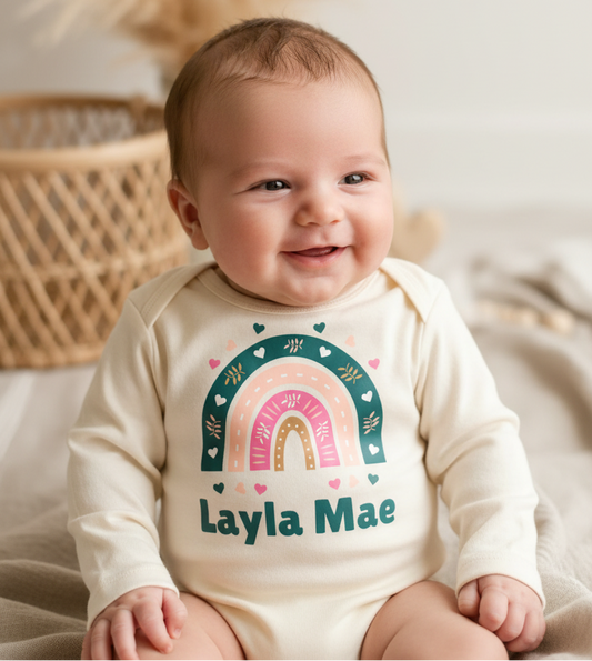 Personalized Teal Rainbow Baby Onesie – Custom Name Bodysuit