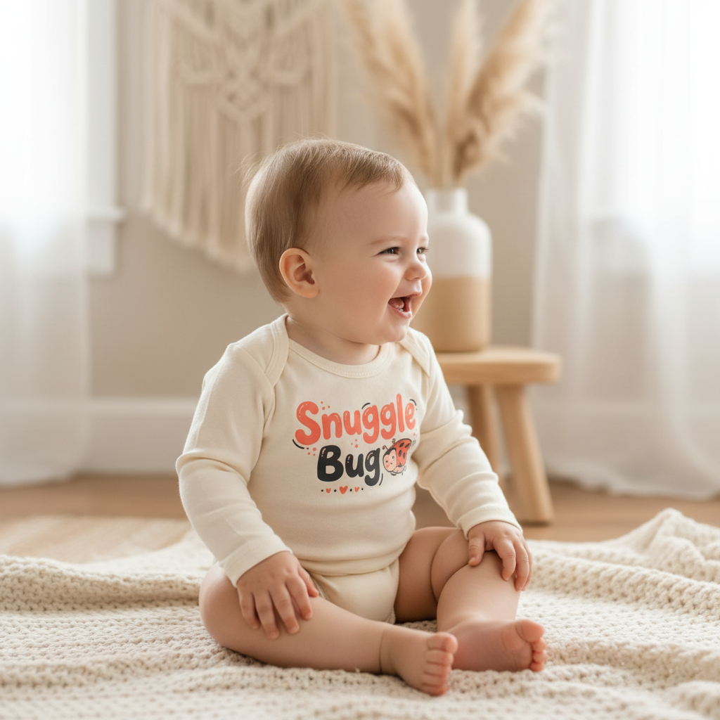 A baby sitting on a cream knit blanket in a bright, neutral room, wearing a cream long-sleeve bodysuit with a colorful 'Snuggle Bug' graphic on the chest.