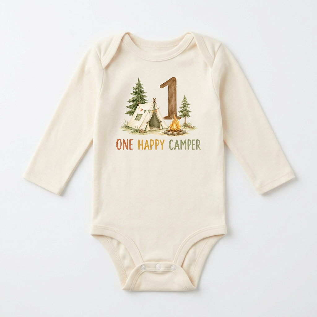 First Birthday Baby Onesie – One Happy Camper Camping Bodysuit