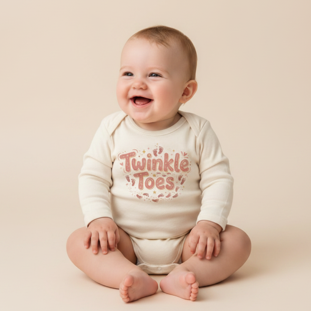 Long-Sleeve Baby Girl Onesie – Twinkle Toes Footprint Bodysuit