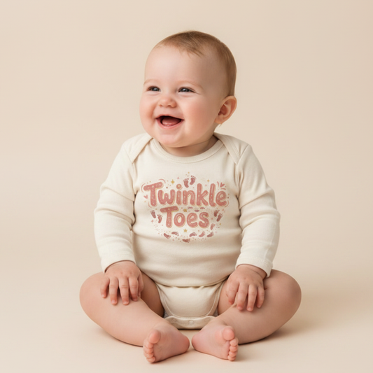 Long-Sleeve Baby Girl Onesie – Twinkle Toes Footprint Bodysuit