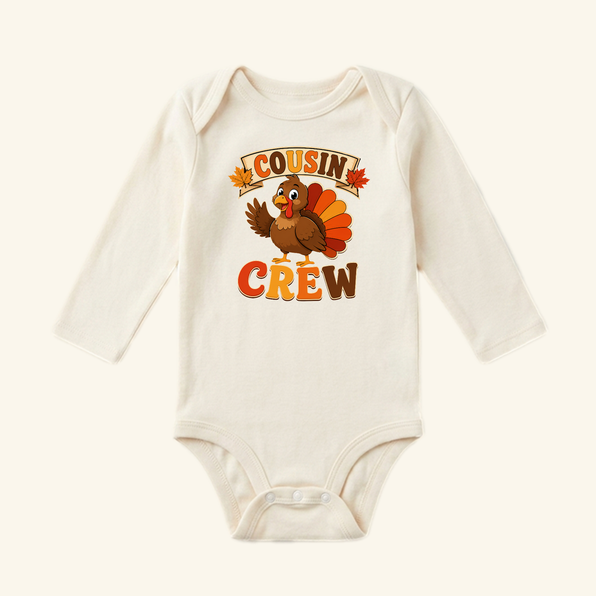 Toodleroos Thanksgiving Cousin Baby Onesie – Cousin Crew Turkey Bodysuit featuring a long-sleeve design with a cartoon turkey and the text COUSIN CREW printed on the front.