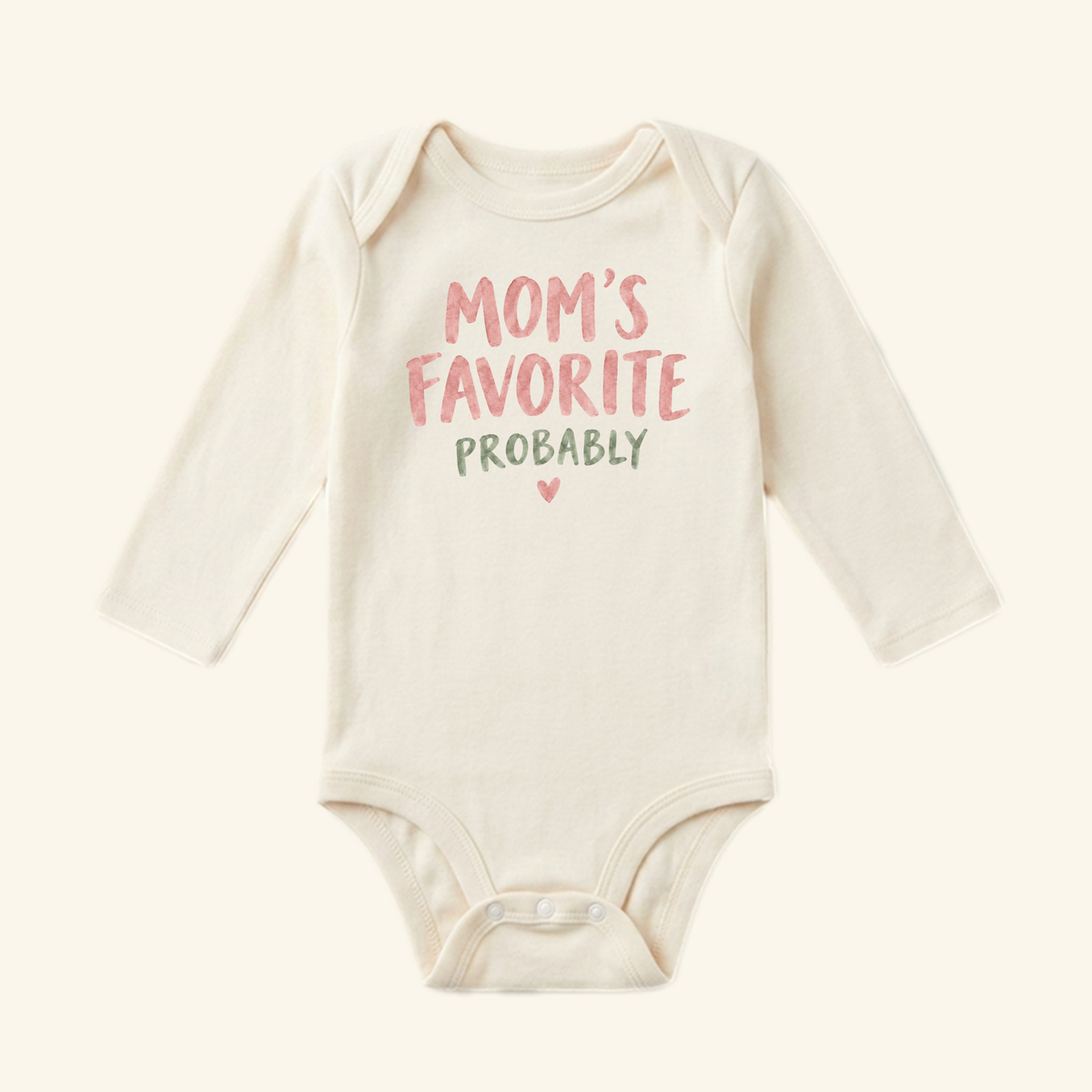 Toodleroos Mom’s Favorite Probably Baby Onesie featuring the text MOMS FAVORITE PROBABLY with a small heart icon.