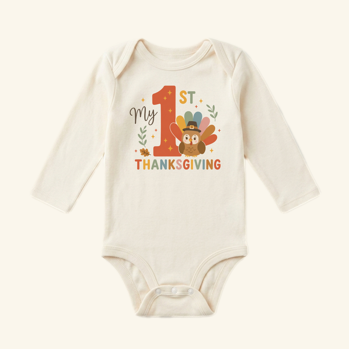 Toodleroos My First Thanksgiving Baby Onesie – Colorful Turkey Bodysuit featuring a graphic of a cartoon turkey with fall-themed accents.