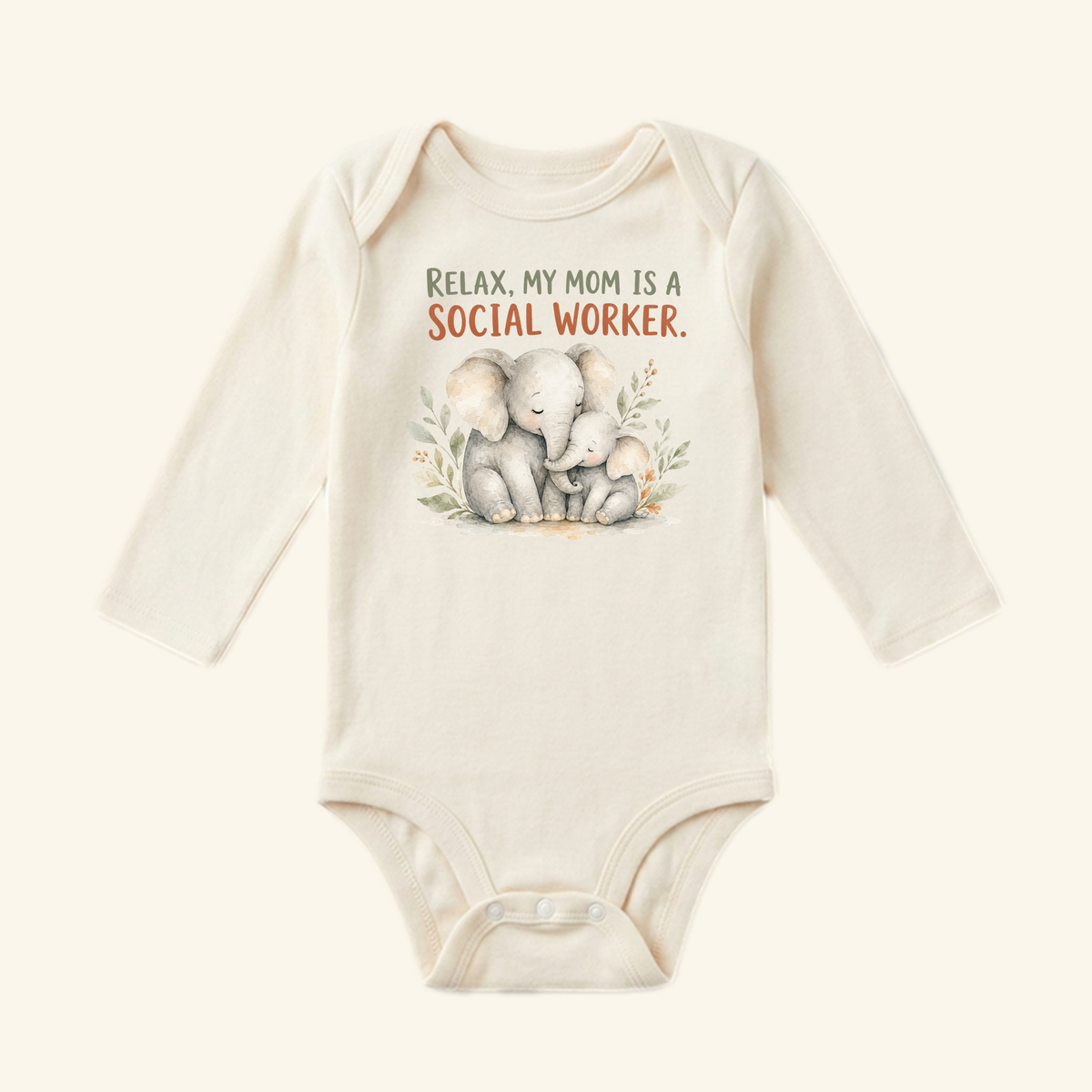 Social Worker Baby Onesie – Relax My Mom Is a Social Worker Bodysuit featuring a long-sleeved watercolor elephant design.